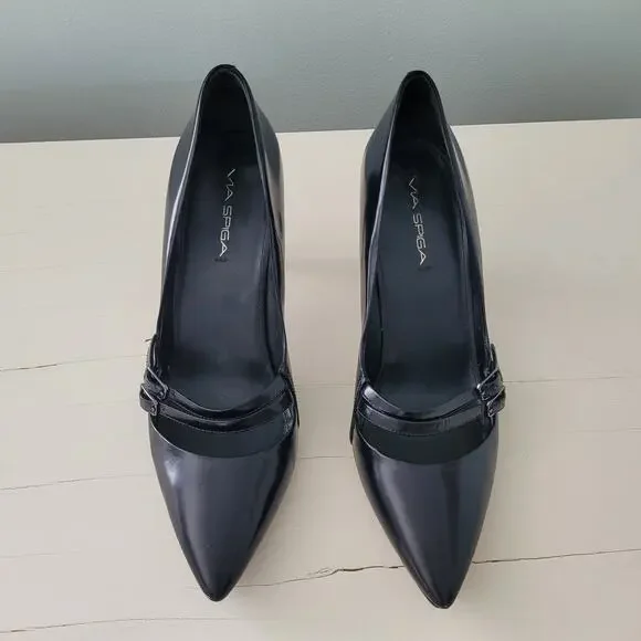 Via Spiga Black Patent Leather Stiletto Heels Double Buckle Pumps 9.5 - Picture 6 of 14